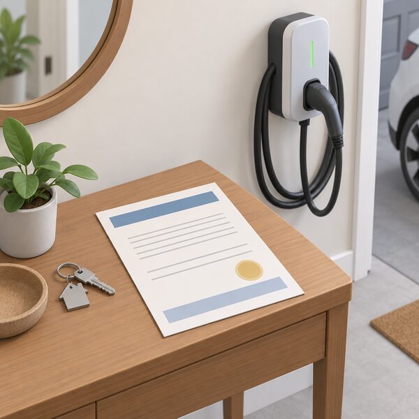 A physical Certificate of Compliance document lying on a hall table beside a house key, with a wall-mounted EV charger and its charging cable visible on the wall nearby, the certificate shown with blank lines and plain colour bands instead of readable text.