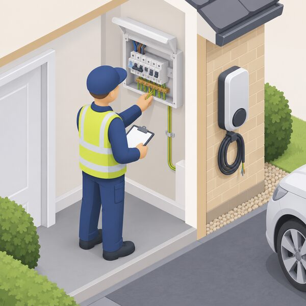An installer stands at a domestic consumer unit with the front cover open, inspecting the supply capacity and earthing arrangement, with a clipboard in hand and an EV charge point unit waiting on the wall beside the driveway outside.