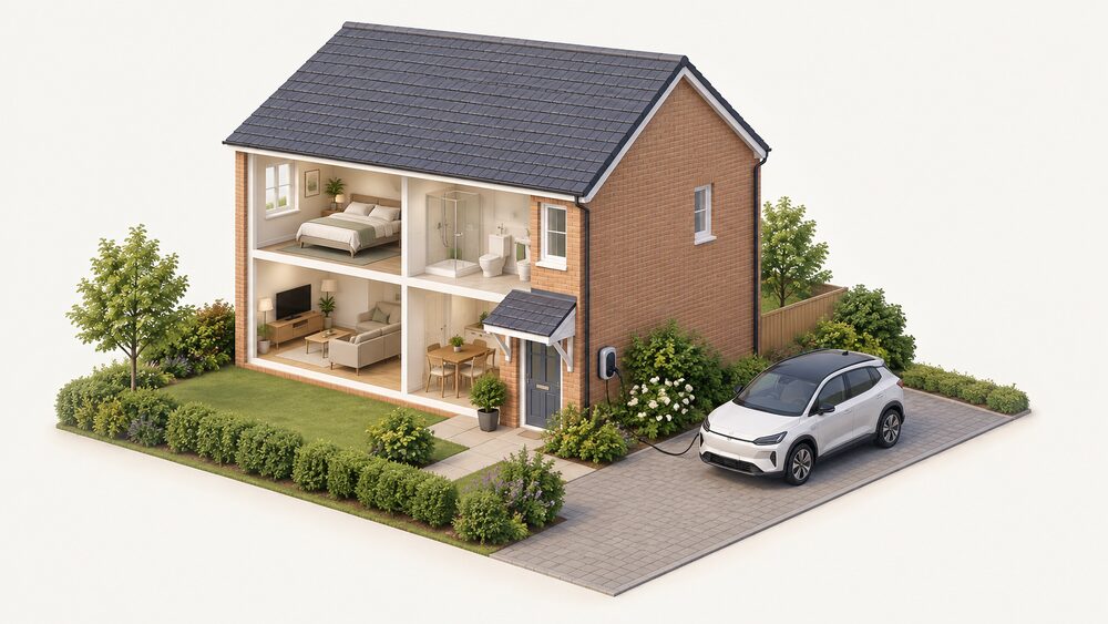 A modest brick house seen from the side, with a small wall-mounted EV charge point tucked discreetly beside the porch, partly screened by bushes and plants, a cable running to an electric car parked on the private driveway in front.