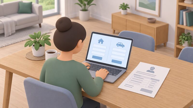 A householder at a table at home filling in a grant application form on a laptop screen, with blank fields for property and vehicle details and an installer's quote sheet lying beside the laptop.