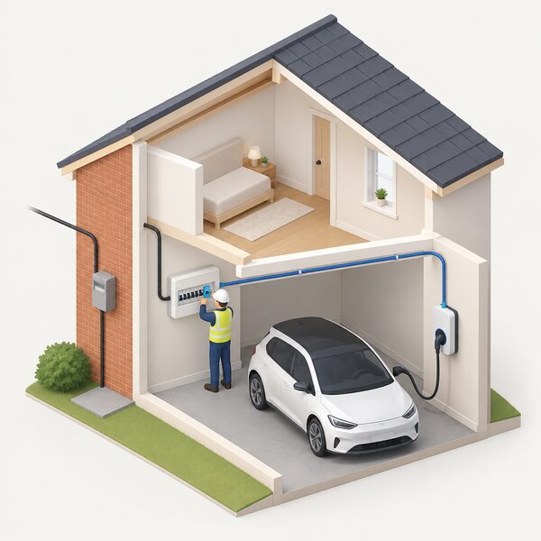 A cutaway view of a home showing a wall-mounted EV charger connected by its own dedicated cable to a separate RCBO in the distribution board, with a small isometric electrician figure at the board, all working within the house's existing supply capacity without any service upgrade.