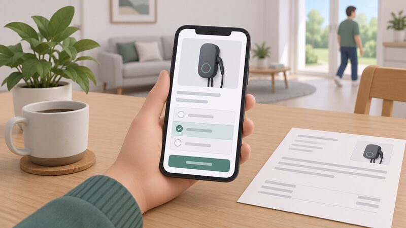 A hand holding a phone displaying a checkout screen for a home EV charger purchase, with an instalment payment option shown as a selected plain colour band among blank line fields, set on a table beside a printed sheet.