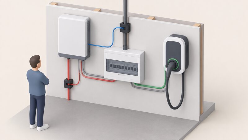 A simplified isometric view of a home consumer unit with a battery inverter and an EV charger connected beside it, one CT clamp fitted around the main supply cable and a second, separate CT clamp fitted around the battery circuit cable, each clamp wired back to its own unit.