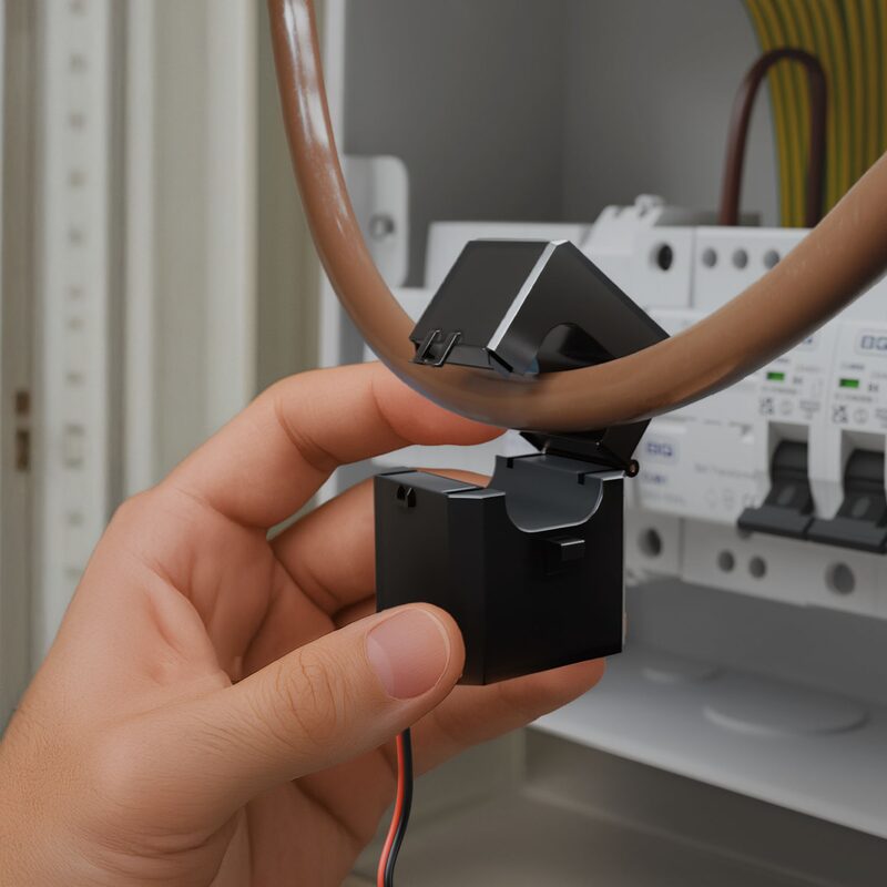 A hand holding a black CT clamp current sensor being fitted around a cable in front of a consumer unit