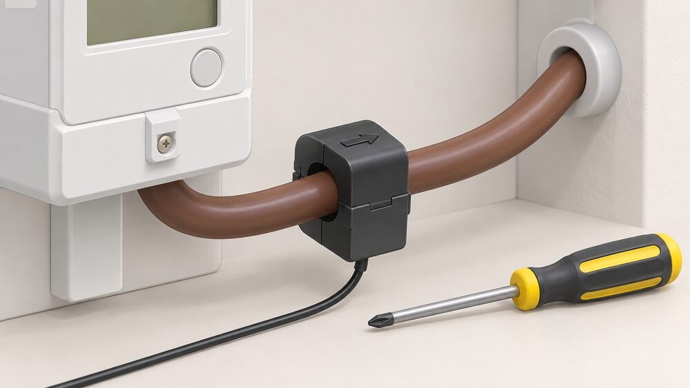 A close-up of a single split-core CT clamp clipped around the thick incoming live meter tail inside a meter box, its small arrow moulded on the body pointing in the direction of flow toward the house, with an electrician's screwdriver resting nearby.