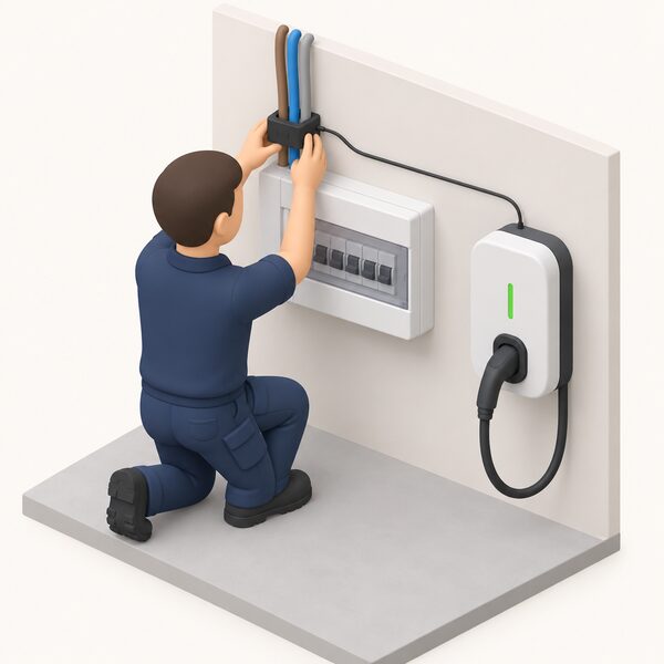 A registered electrician, shown as a simplified isometric figure in plain work clothing, kneels beside a household consumer unit and clips a CT clamp around the meter tails, with the clamp's thin cable running to a wall-mounted EV charger nearby.