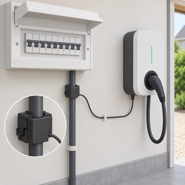 A close-up of a small split-core current transformer clamp clipped around a single incoming supply cable inside a domestic consumer unit area, with a thin signal lead running to a wall-mounted home EV charger nearby.