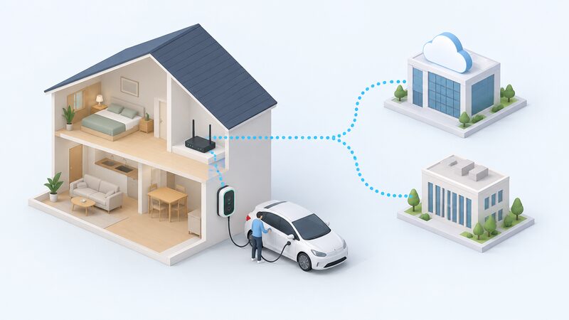 A simplified isometric diagram of a home with a wall-mounted EV charger linked by a connection line to the household router, which links onward to a cloud platform building and a separate supplier building, with a small figure plugging a cable into a parked car.