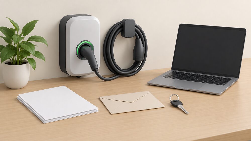 A small model of a wall-mounted home EV charge point with its cable coiled beside it sits on a table next to blank official-looking paperwork, a sealed envelope, a house key and a laptop with a blank screen.