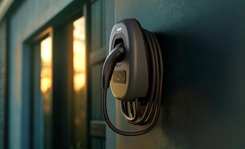 A wall-mounted home EV charge point with a coiled cable and plugged-in connector on an exterior house wall at sunset
