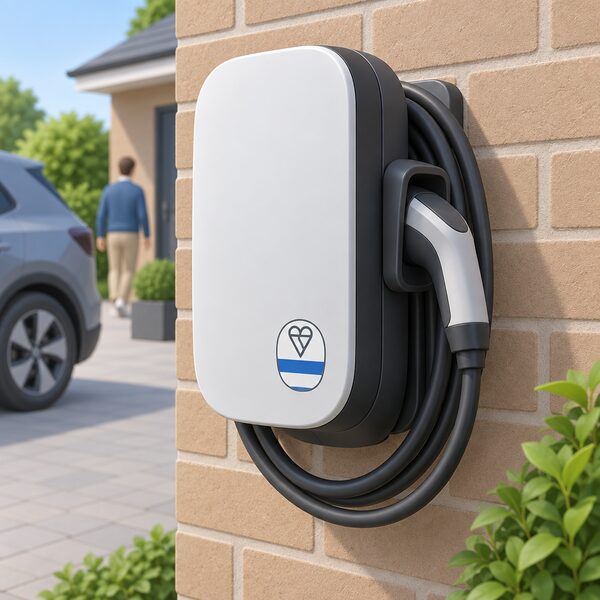 A close view of a wall-mounted domestic EV charge point beside a driveway, with a small certification mark label affixed to its casing shown as a plain emblem with blank colour bands, and its cable neatly stowed in the holder.
