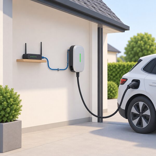 A wall-mounted home EV charge point on its bracket beside the household's broadband router connection point, with a cable to a parked electric car, showing the network link that carries the maker's remote control signals.