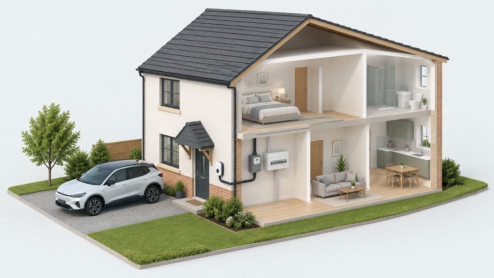A cutaway house showing a wall-mounted EV charge point on the outside wall by the drive, connected by a new dedicated cable running through the wall to the consumer unit inside, with the electricity supply meter beside it.