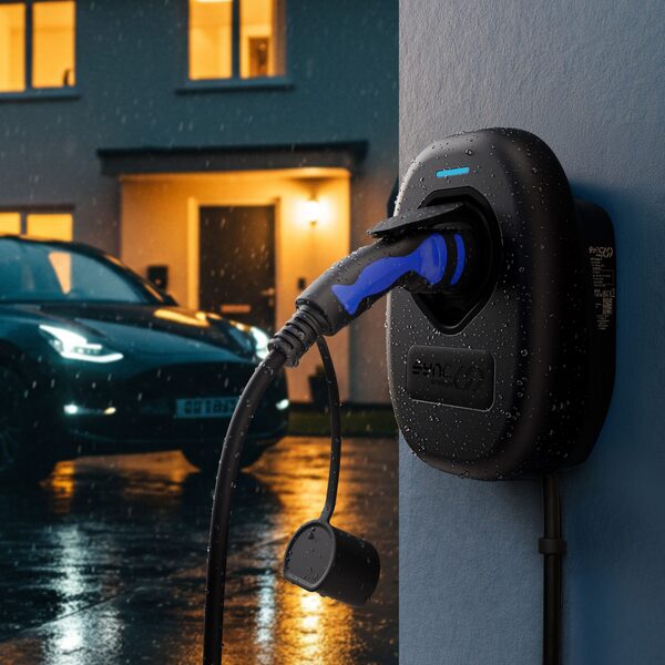 A black Sync Energy wall-mounted EV charger with a blue Type 2 cable plugged in, on a house wall at night with an electric car charging in the driveway