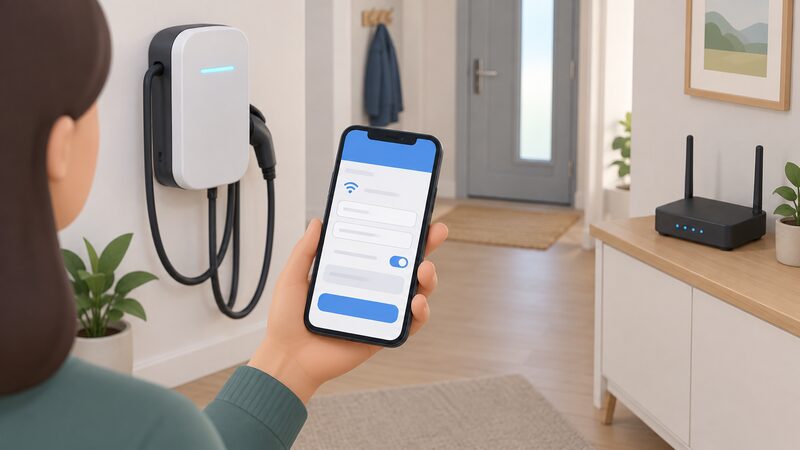 A hand holding a smartphone in a home hallway, the screen showing a charger app's Wi-Fi settings page as plain blank fields and colour bands, with a wall-mounted EV charger and a broadband router visible in the background.