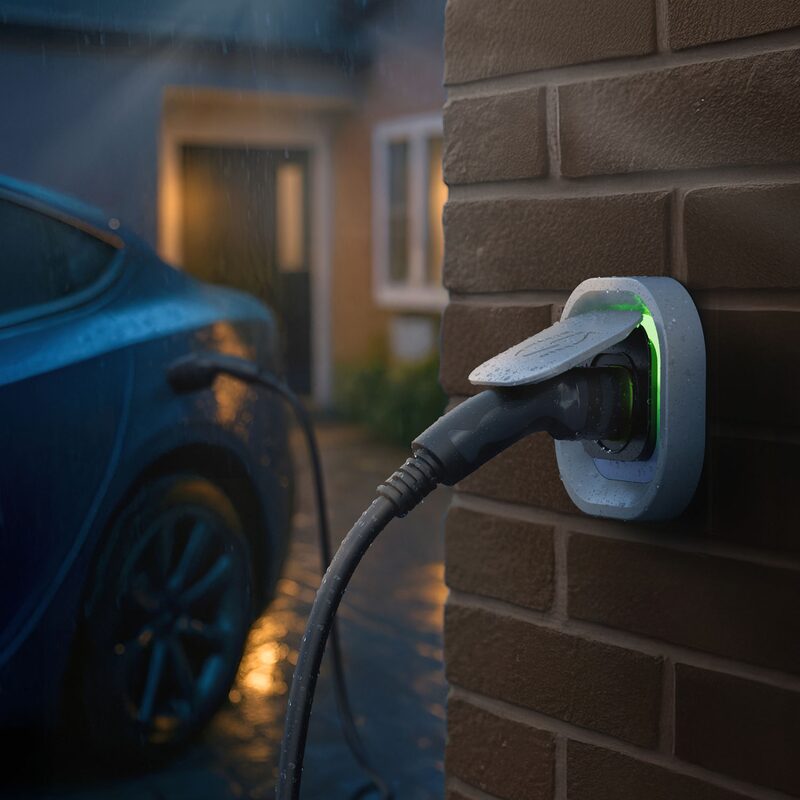 A recessed EV charger mounted on a brick house wall with a charging cable plugged in, a car charging in the rain outside a home