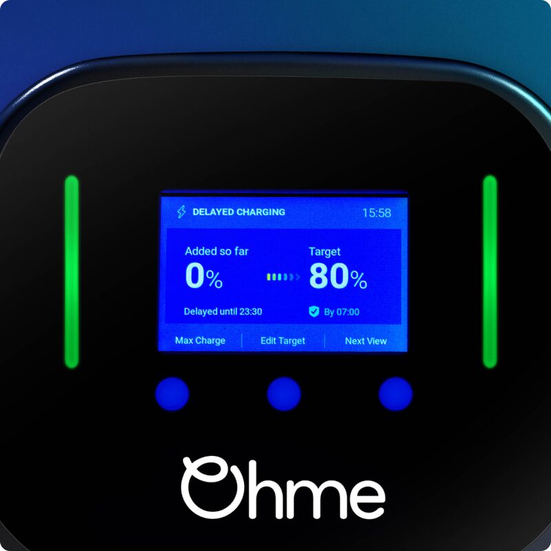 Close-up of the Ohme Home Pro EV charger's screen showing delayed charging status with a target of 80%
