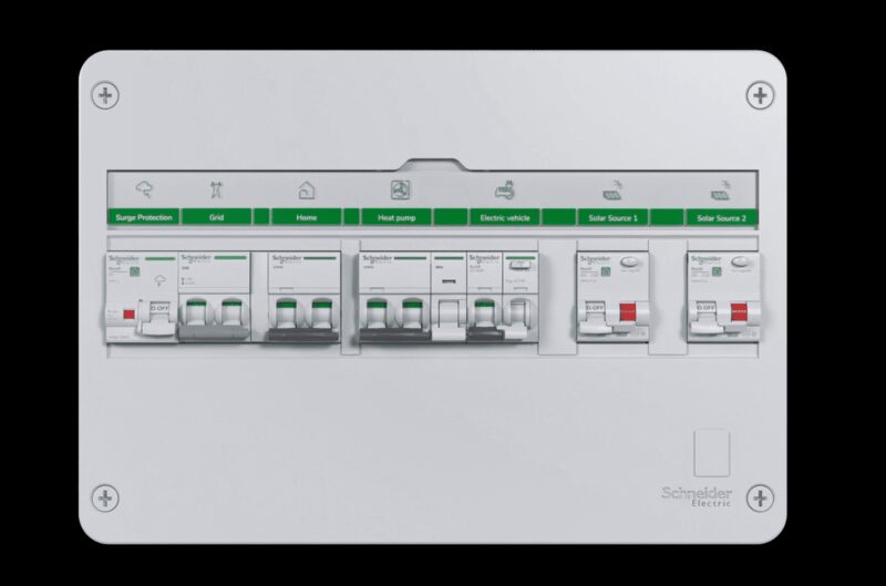 A Schneider Electric consumer unit with labelled circuit breakers for surge protection, grid, home, heat pump, electric vehicle and solar sources