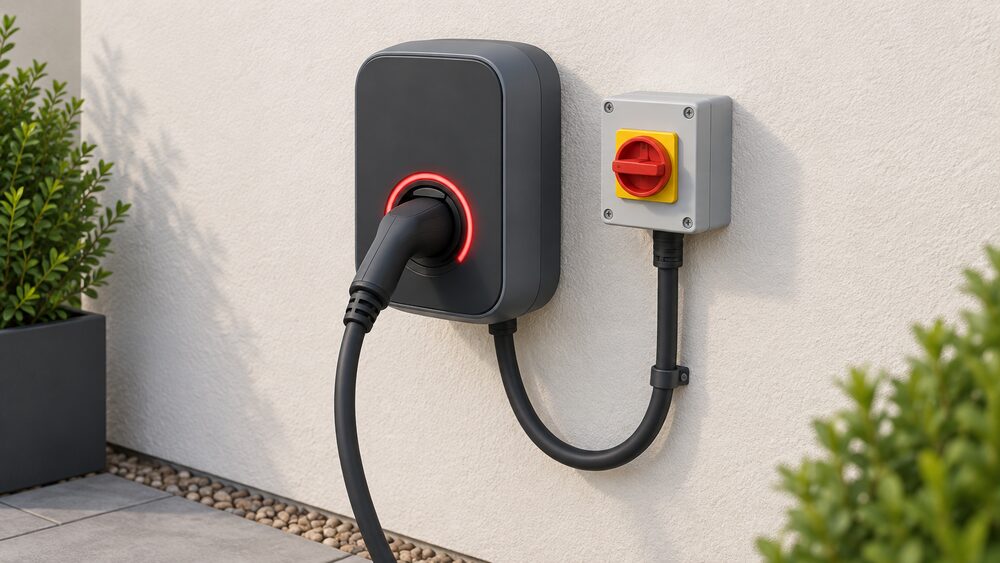A close-up of a wall-mounted domestic EV charge point on an outside house wall, its socket showing a red error ring, with the charging cable plugged in and a small isolator switch box mounted beside it on the same wall.