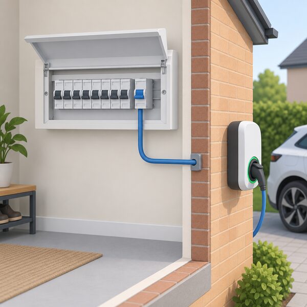 An open domestic distribution board with a row of breakers, one separate RCBO clearly distinct whose outgoing cable runs through the wall to an EV charge point mounted outside, with no other cables connected to that device.