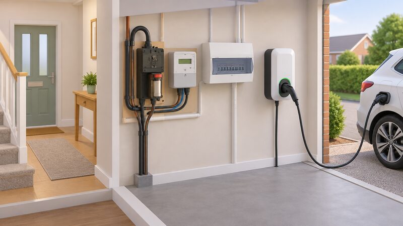 A cutaway domestic hallway wall showing the service head with its main fuse and cut-out beside the meter, the consumer unit on the same wall, and a wall-mounted EV charge point nearby with a cable running to a car outside.