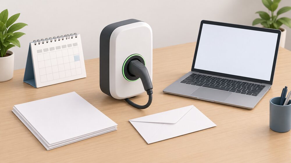 A small model of a wall-mounted home EV charge point sits on a table beside blank notification paperwork, a sealed envelope, a wall calendar and a laptop with a blank screen, arranged as the moment an installer prepares to tell the network operator about a finished installation.
