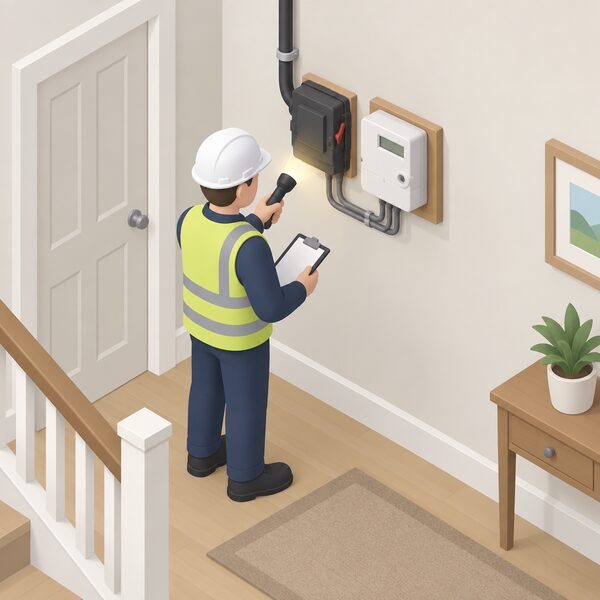 An isometric view of an inside hallway wall showing the electricity cut-out with its fuse and the meter mounted side by side, with a simplified installer figure standing before them inspecting the existing equipment with a torch and clipboard before any EV charger work proceeds.