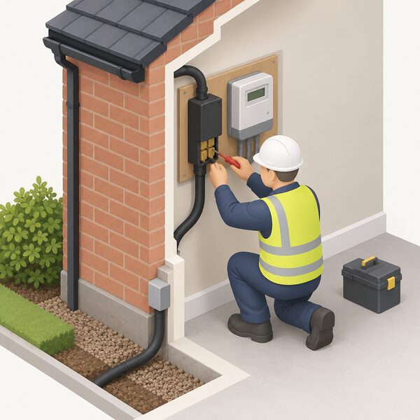 An electrician in plain work clothing working at the electricity supply cut-out and main fuse where the incoming service cable meets the outside wall of a house, with the meter beside it, showing an upgrade to the supply connection in progress.