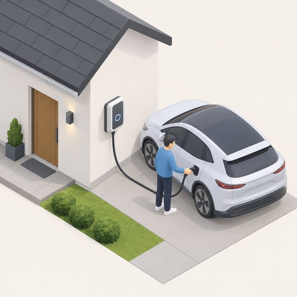 A bidirectional vehicle-to-grid EV charger mounted on a home's exterior wall, connected by its cable to an electric car parked beside the house, with a simplified isometric figure plugging the cable into the car.