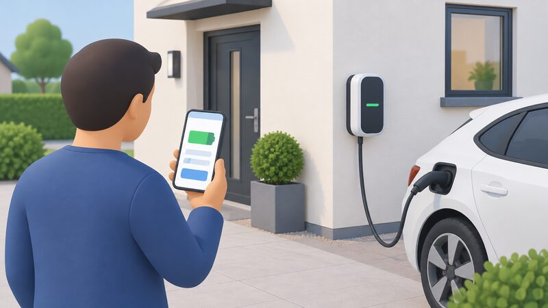 A hand holding a smartphone displaying a charging app screen with plain colour blocks stands beside a wall-mounted EV charge point on an outside house wall, with a charging cable connected, showing the smart control that transfers with the property.