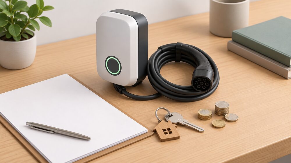 A small model of a wall-mounted electric car charge point with its cable coiled beside it sits on a table next to blank sale paperwork, a house key and a few coins, suggesting a home sale where the charger adds value.