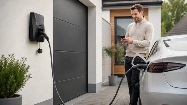 A wall-mounted black EV charger on a house exterior with a cable plugged into a silver car while a man checks his phone