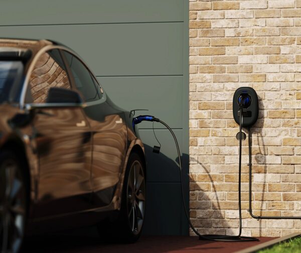 A black Sync Energy EV charger mounted on a brick wall outside a home, with a cable plugged into a dark car parked on a driveway