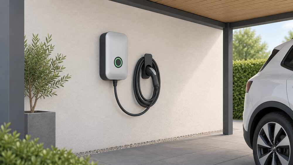 A wall-mounted home EV charge point on an outside wall under a sheltering eave, its charging cable coiled neatly on a holder beside it, with a carport roof edge visible above and no rain reaching the unit.