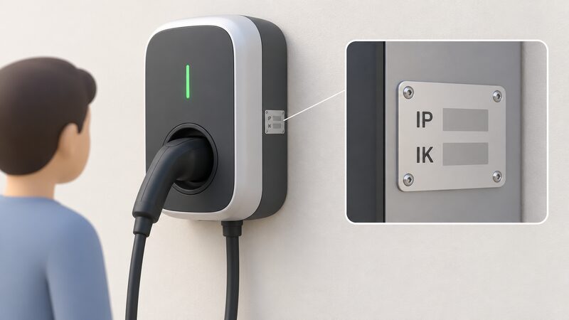A close-up view of a wall-mounted EV charger's rating label, drawn as a physical plate on the charger body, with blank line blocks standing in for the printed IP and IK ratings so no readable figures appear.
