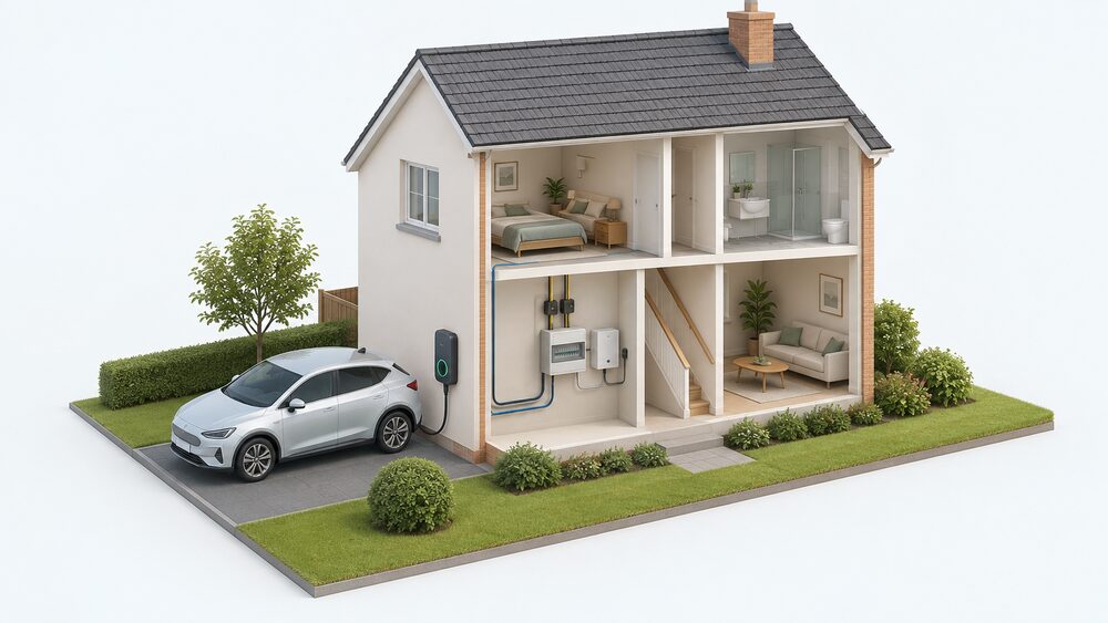 A cutaway house showing a wall-mounted EV chargepoint on the outside wall by the drive, connected through to an indoor consumer unit beside which a load balancer sits, with CT clamps fitted around the incoming supply cables where they enter the building.