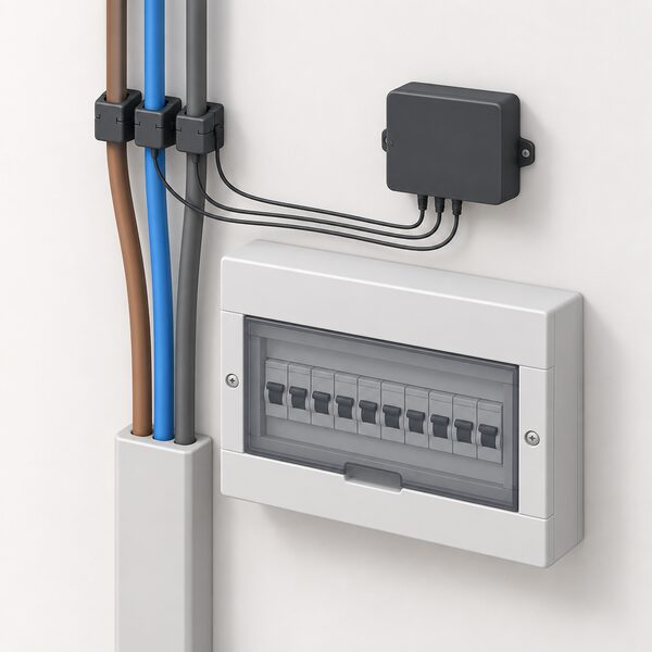 A small stand-alone load balancer hub unit mounted on the wall beside a household distribution panel, with CT current sensor clamps fitted around the incoming supply cables and thin wires running from the clamps to the hub.