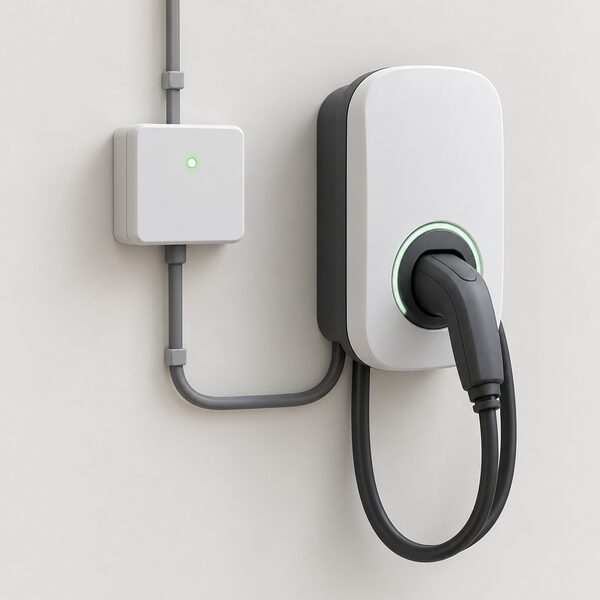 A close view of a small wall-mounted load balancer unit with its LED status light glowing in a single colour, drawn as a simplified device on an indoor wall near a home EV charger with no people present.