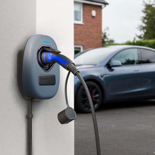 A blue-grey Sync Energy wall-mounted EV charger with a tethered cable plugged in, on a house wall with an electric car parked in the driveway