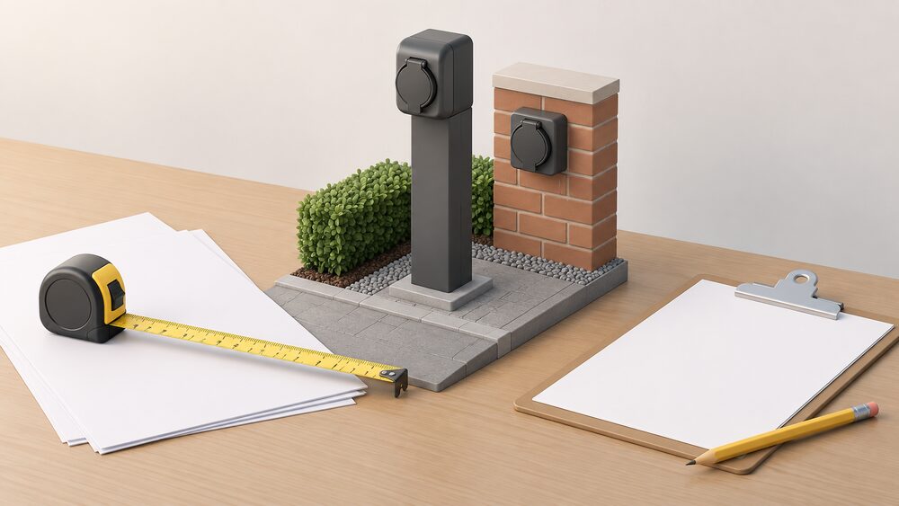 A small model of a domestic EV charge point upstand with a wall-mounted outlet beside it, standing on a driveway-like patch next to blank application paperwork, a clipboard and a pencil on a table, with a tape measure lying across the papers.