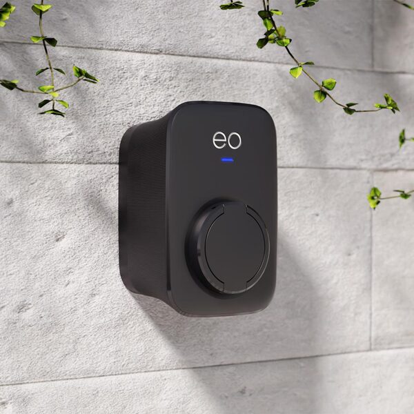 A black EO wall-mounted electric car charge point with a type 2 socket, mounted on a light stone wall with trailing plants