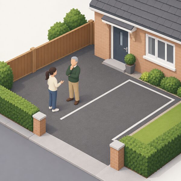 A renter and a landlord stand together in a private off-street driveway beside a clearly marked empty parking space next to a house, talking with one another, with no chargepoint installed yet.
