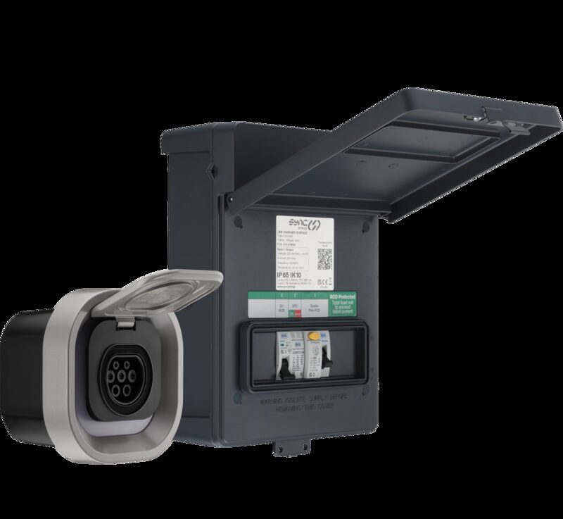 A Sync Energy Link EV charger socket unit shown beside its open electrical enclosure with MCBs and RCD protection