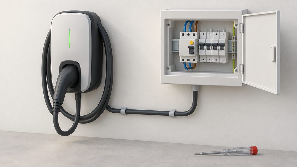 A close-up of a wall-mounted EV charge point with its tethered cable and connector, beside an open consumer unit door showing a board-mounted RCD on the DIN rail, connected by a dedicated circuit, with an electrician's test screwdriver resting below.