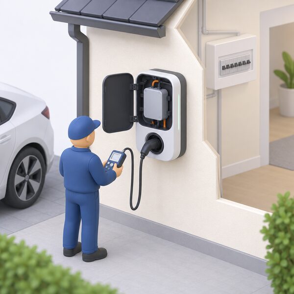A wall-mounted EV charger on a house exterior with its front cover opened to reveal a sealed RDC-DD module inside, while a simplified installer figure tests the unit with a lead plugged into its socket, the consumer unit indoors shown only faintly through the wall with no DC device there.