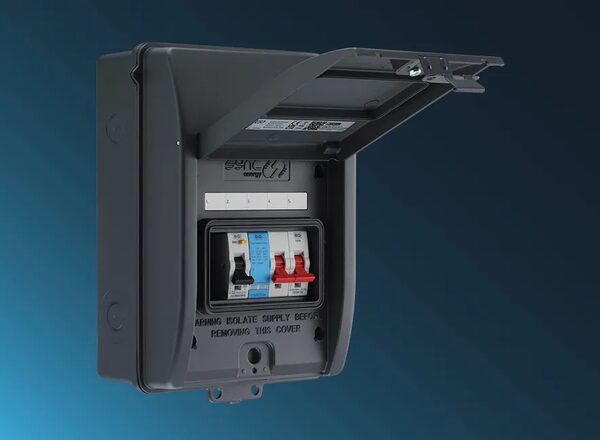 A Sync Energy grey EV circuit protection consumer unit with its lid open showing internal circuit breakers