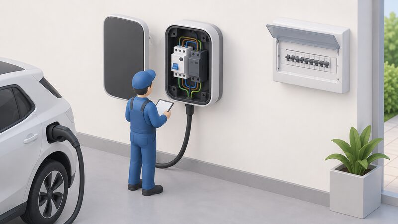 An open EV wallbox mounted on a wall with its front cover removed, revealing the integral RCD module and DC fault detection module inside, with a small isometric installer figure inspecting them, while a consumer unit is visible on a distant wall without such modules.
