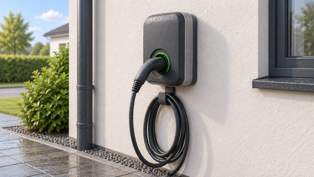 A close-up of a domestic EV wallbox charge point mounted on an external house wall in daylight, its weatherproof enclosure intact, with a Mode 3 charging cable plugged into its socket and coiled down toward the ground, rain droplets on the casing.
