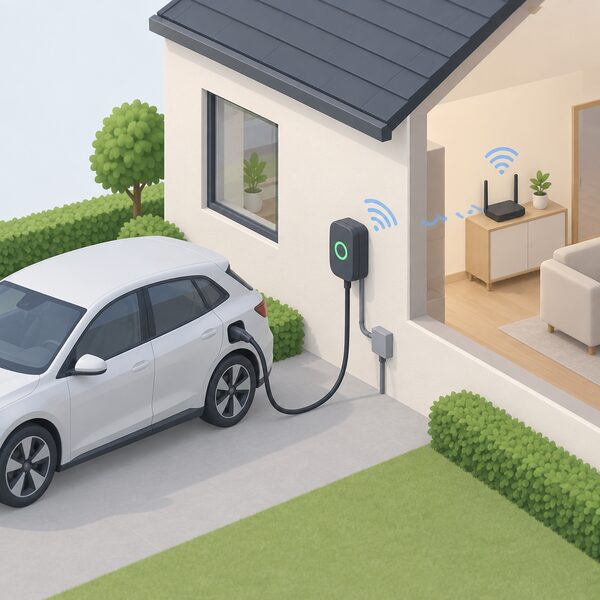 A wall-mounted smart EV charge point beside a driveway, with a cable running to an electric vehicle and a mains supply cable entering the unit, shown linked by simple wifi signal arcs to a home wifi router visible through the house wall.