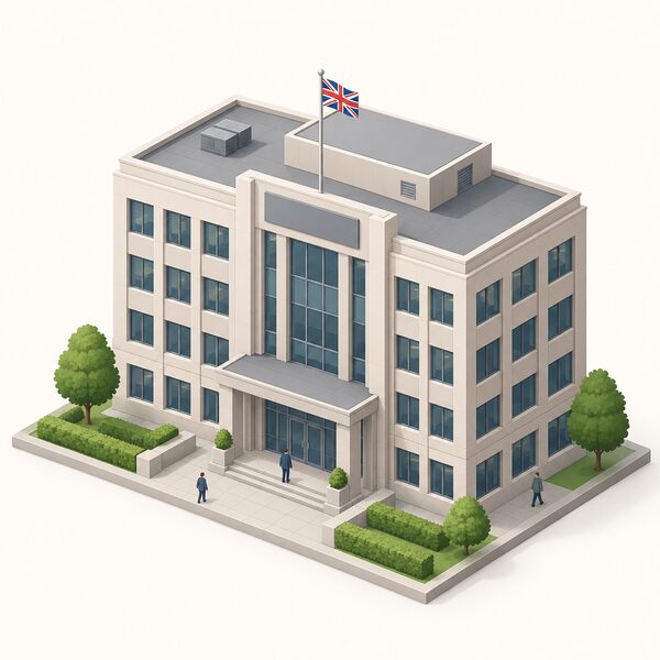 A plain, simplified isometric view of an official government office building in Birmingham, drawn as a modest multi-storey block with a formal entrance, flagpole and plain signage band, representing the product safety enforcement authority's headquarters.